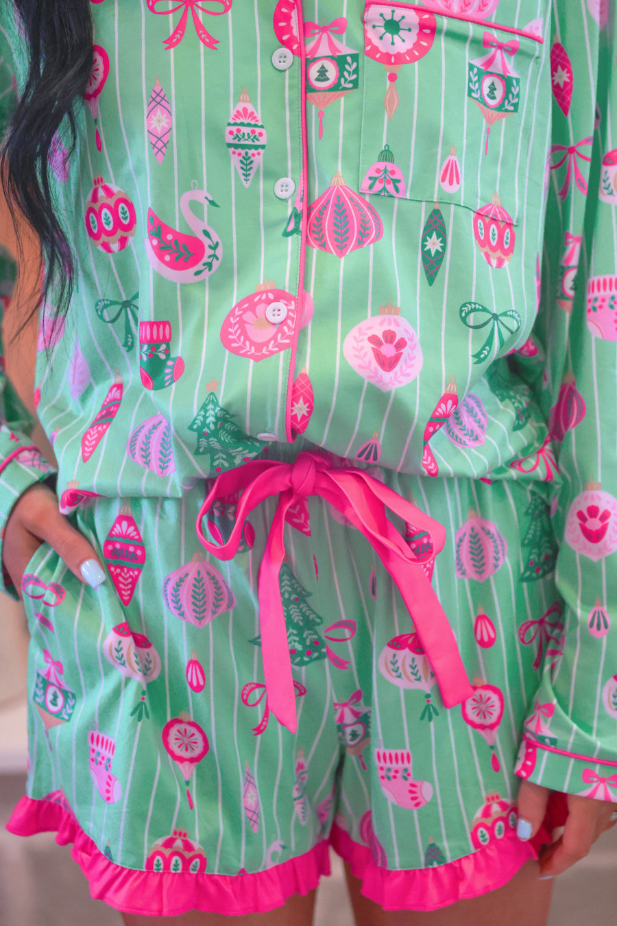 Decked in Ornaments Ruffle Pajama Set by Jess Lea (PREORDER: Ships in October)