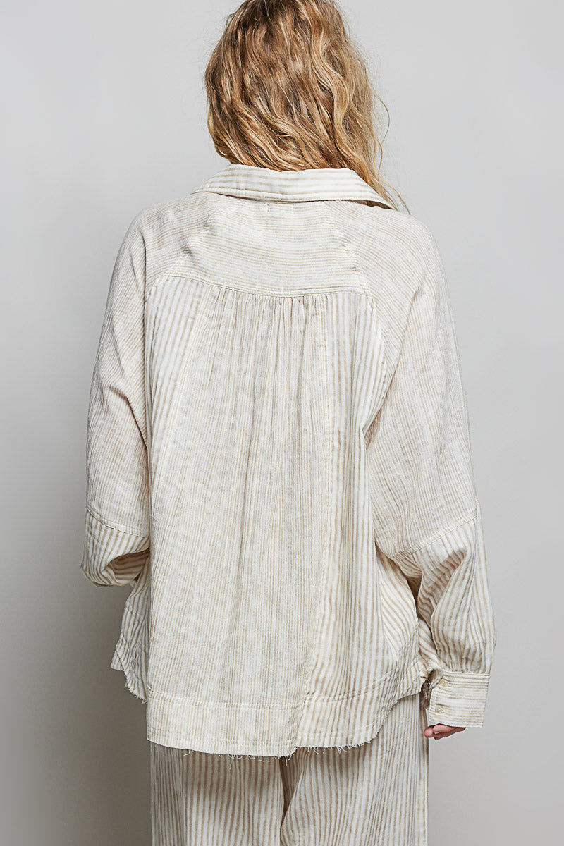 Striped Raglan Long Sleeve Woven Shirt by POL
