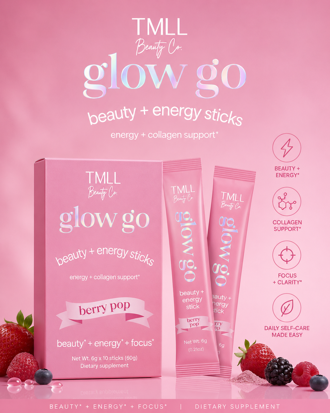 Glow Go Wellness Drinks - Berry Pop by TMLL Beauty Co. (PREORDER: Ships in 2-3 Weeks)