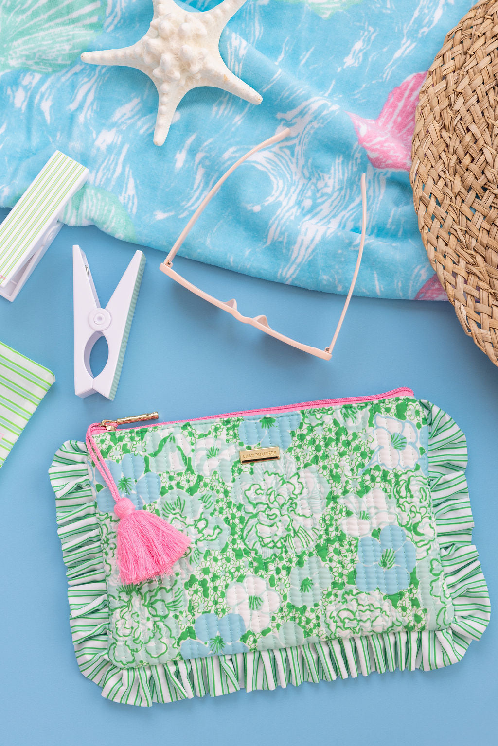 Quilted Ruffle Pouch by Lilly Pulitzer - Mint Condition Burst of Joy