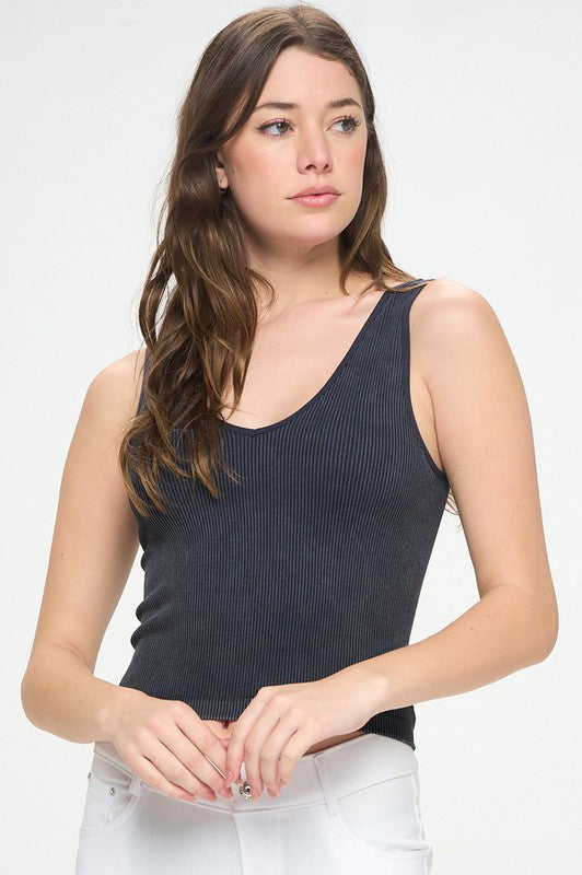 Seamless Reversible Stonewashed Ribbed Tank Top - Black by Yelete