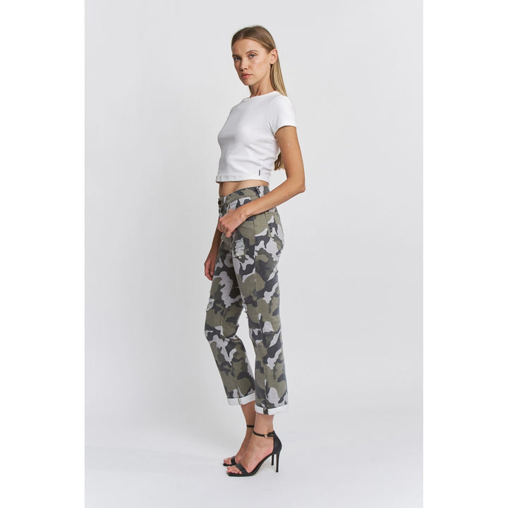 Camo Print High Rise Straight Crop Pants By Mica Denim