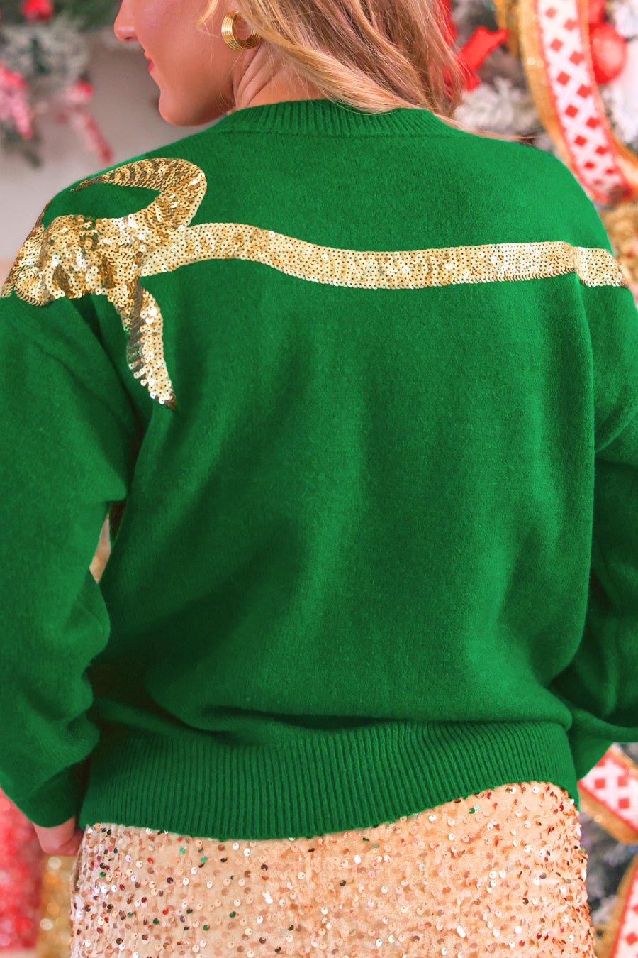 Sequin Bow Knit Sweater- Green/Gold by Jess Lea (PREORDER: Ships in October)
