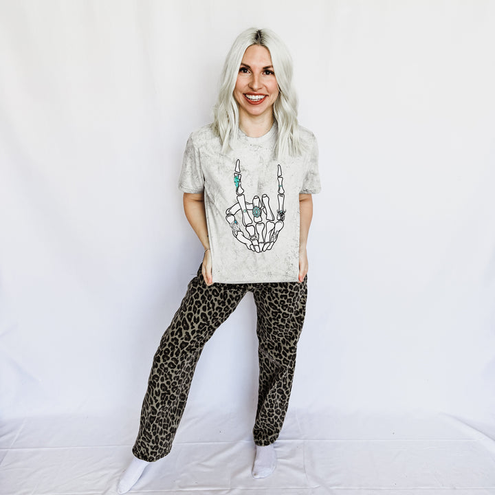 JAN ARRAY: Turquoise Skeleton Peace Sign Graphic Tee by Festivitees (Ships in 2-3 Weeks)