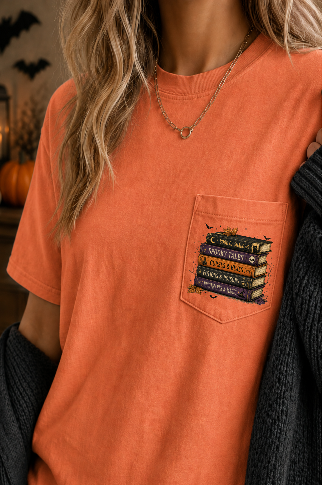by PrepO: Halloween Book Stack Pocket Tee by Prep Obsessed (Ships in 1-2 Weeks)