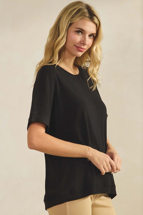 Everyday Soft Ribbed Loose Fit Short Sleeve Top - Black by Yelete