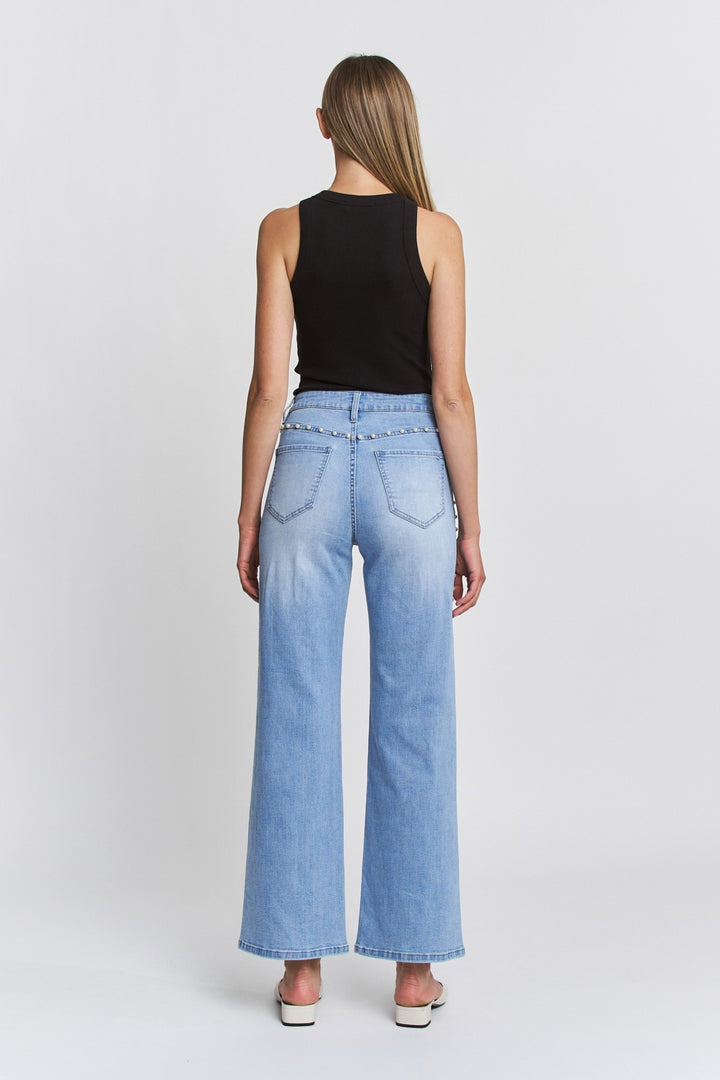 Ivy Indigo High Rise Wide Leg Pearl Embellishment Jeans By Mica Denim