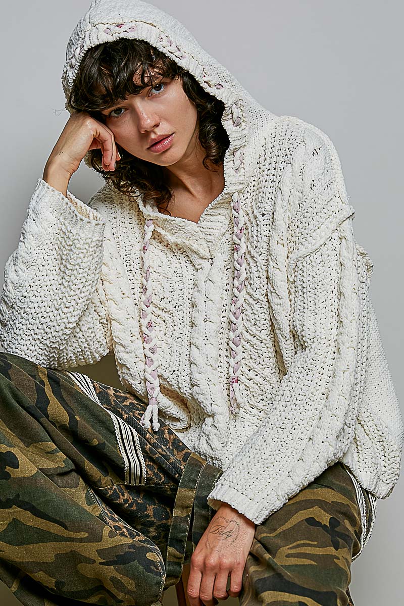 Chunky Hooded Cable Knit Pullover Sweater by POL - Cream