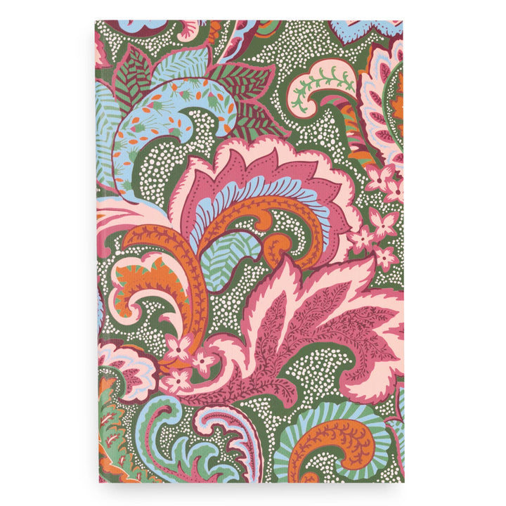 Vera Bradley Leaf Me Not Paisley mini notebook with a bold paisley print in pink, green, orange, and blue tones