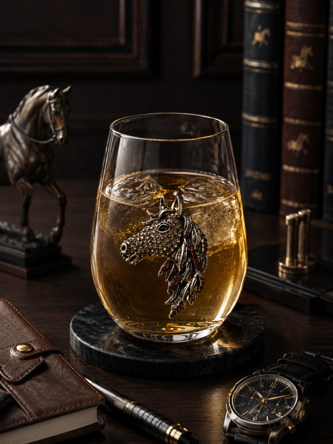 JUNE PREORDER: Brown and Gold Horse Head Stemless by the Queens Jewels (Ships in 2-3 Weeks)