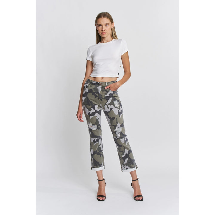 Camo Print High Rise Straight Crop Pants By Mica Denim