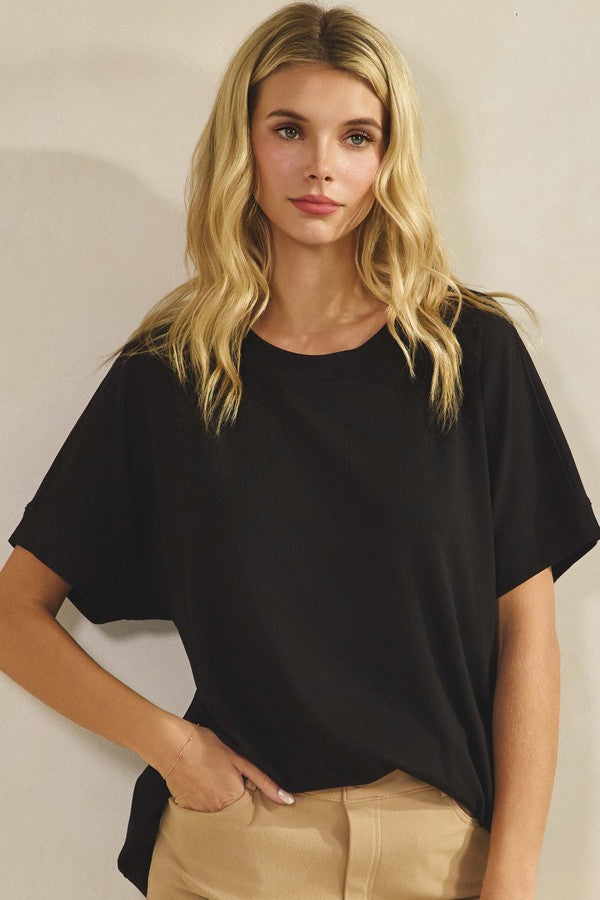 Everyday Soft Ribbed Loose Fit Short Sleeve Top - Black by Yelete