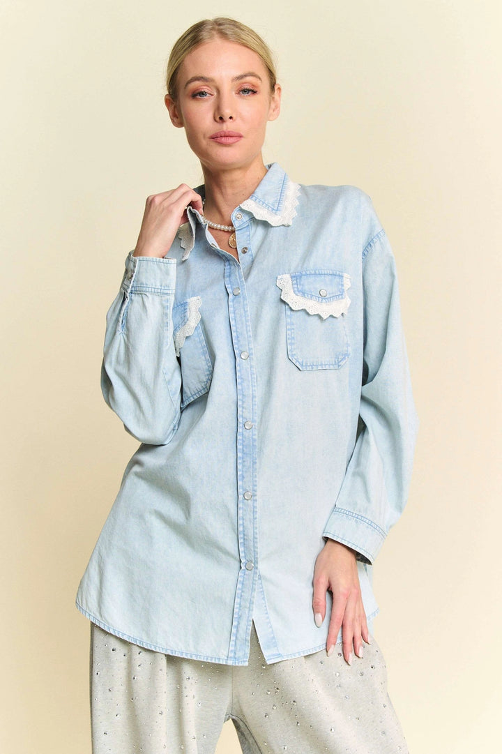 Lace Edge Chambray Button-Up Shirt by Davi & Dani