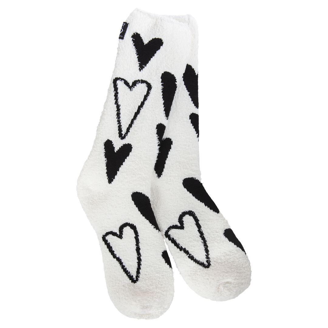 Black & White Hearts Cozy Crew Socks by World's Softest Socks