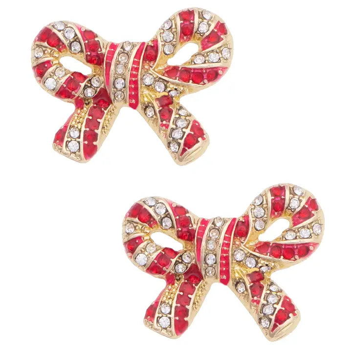All Twisted Up Pave Bow Earrings in Red &amp; White By Canvas