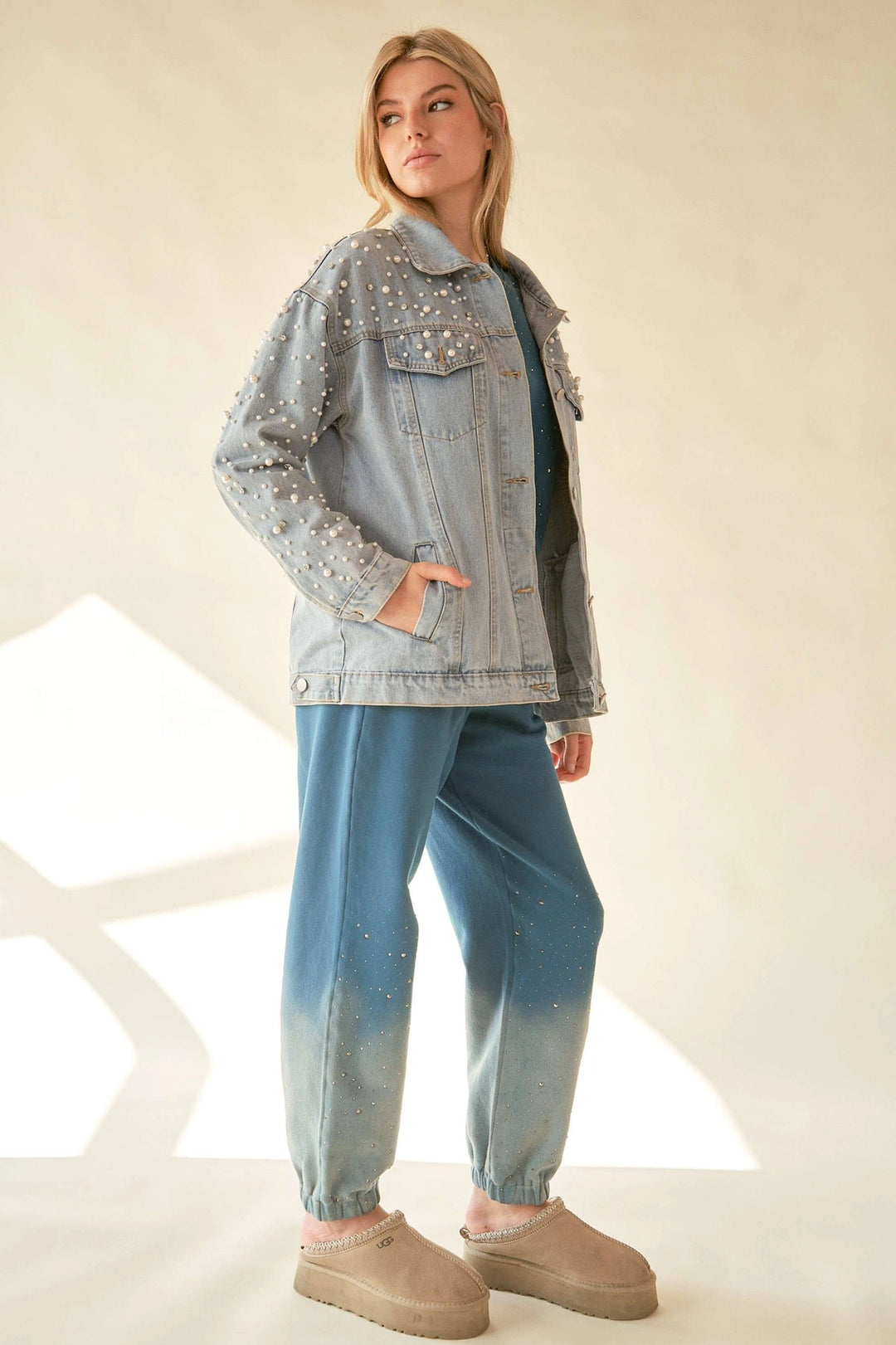 Pearl Rhinestone Denim Jacket by Davi & Dani