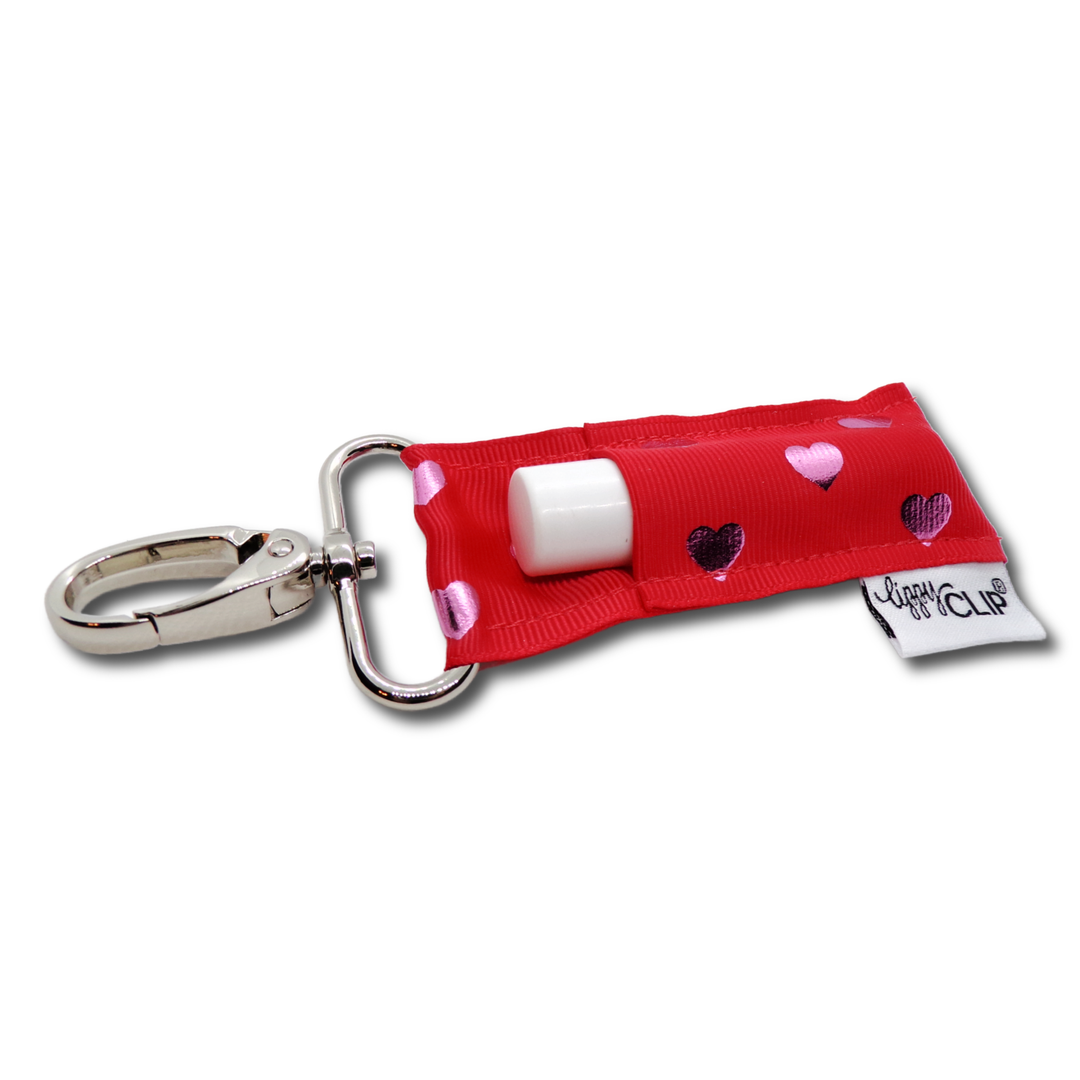 Pink Hearts on Red LippyClip® Lip Balm Holder (PREORDER: Ships in 2-3 Weeks)