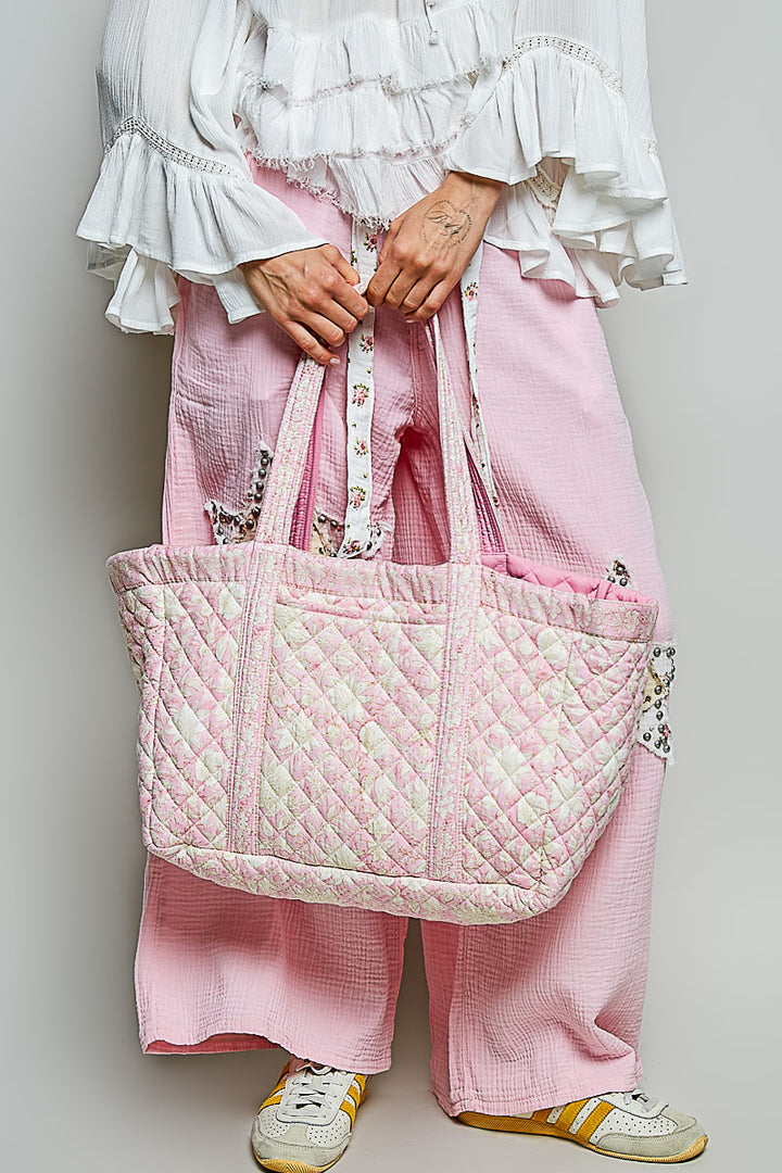 Bohemian Floral Woven Tote - Pink & Ivory  by POL