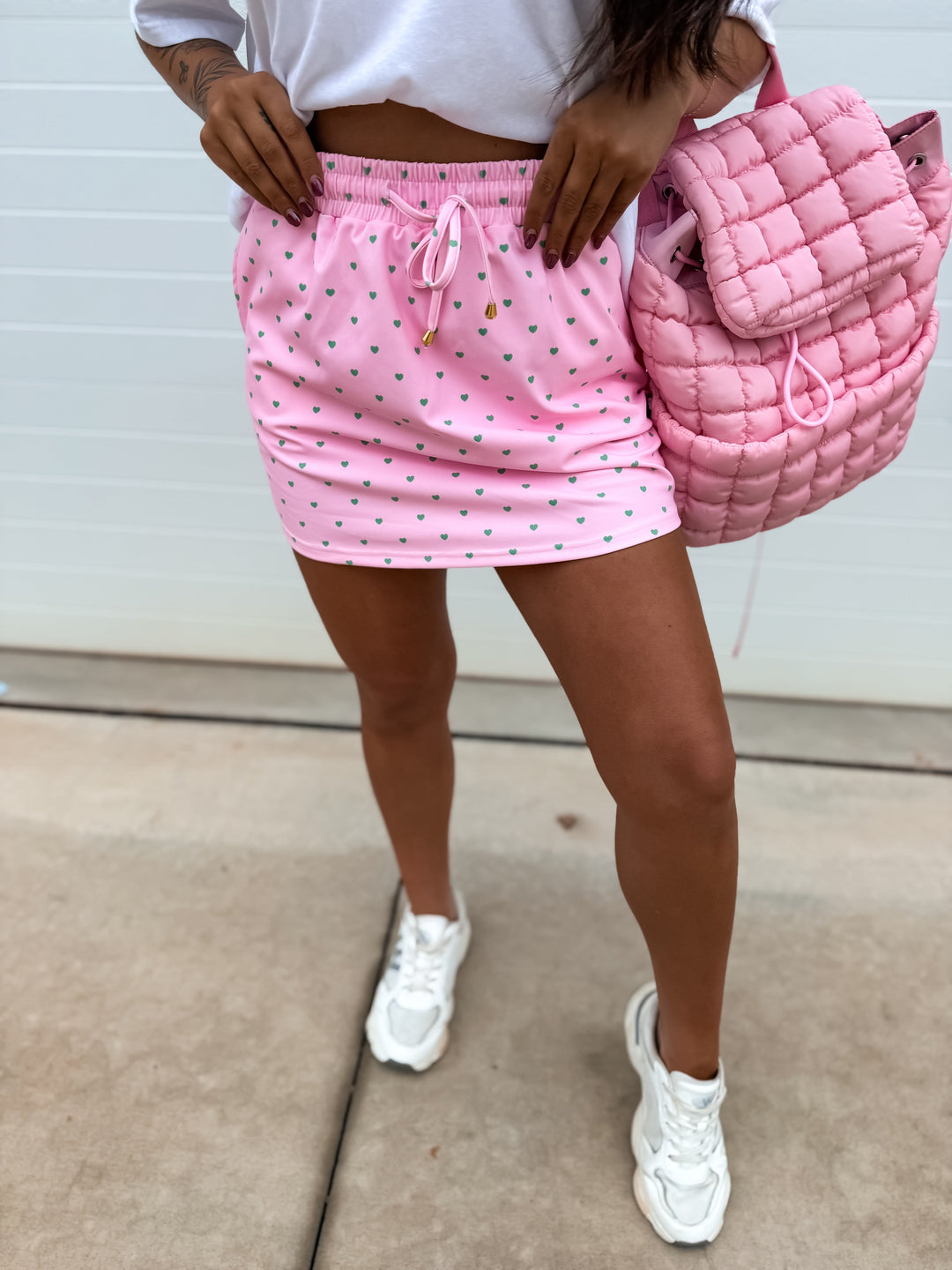 JULY PREORDER: Active Skort in Pink with Green Hearts by BIRDIE (Ships in 3-4 Weeks)
