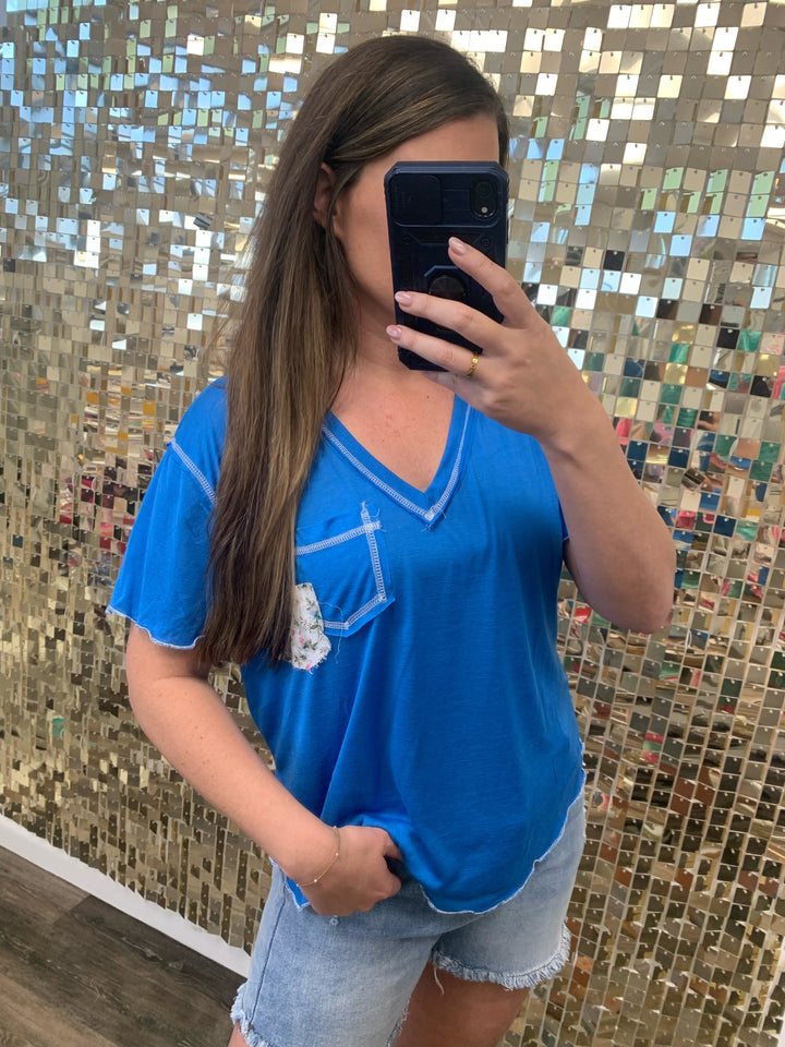 Double Patch Pocket V-Neck Tee by POL - Ultramarine