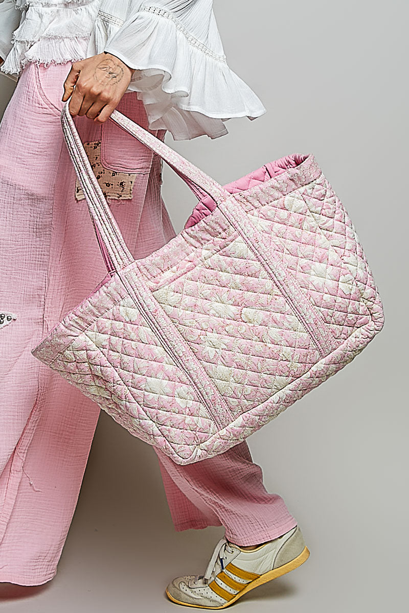 Bohemian Floral Woven Tote - Pink & Ivory  by POL