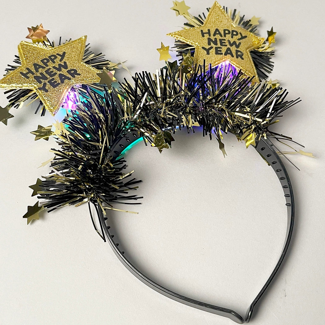 'Happy New Year' Star Glitter Light-Up Gold & Black Headband