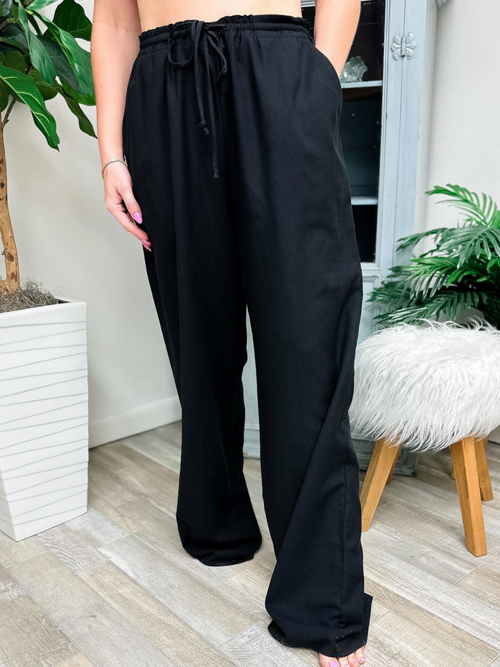 Relaxed Flowy Linen-Feel Pants - Black by Sew In Love