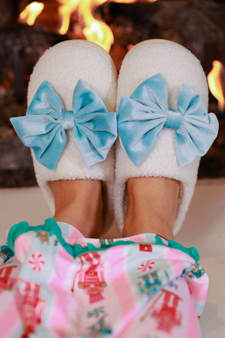 Cozy Bow Slippers- White/Aqua by Jess Lea (PREORDER: Ships in October)