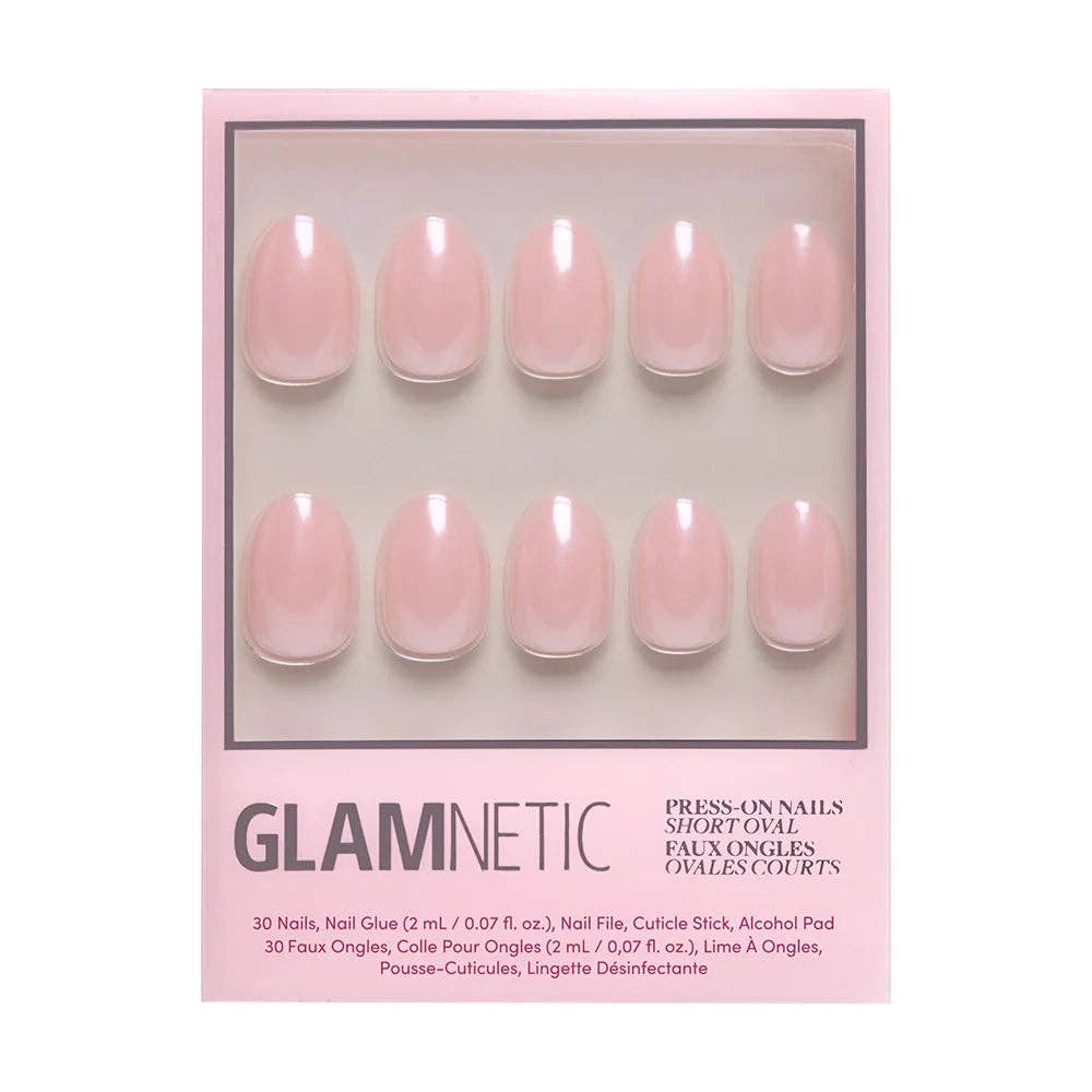 Front view of Glamnetic blush pink short oval press-on nails packaging showing 10 nails in window box with product details on white background
