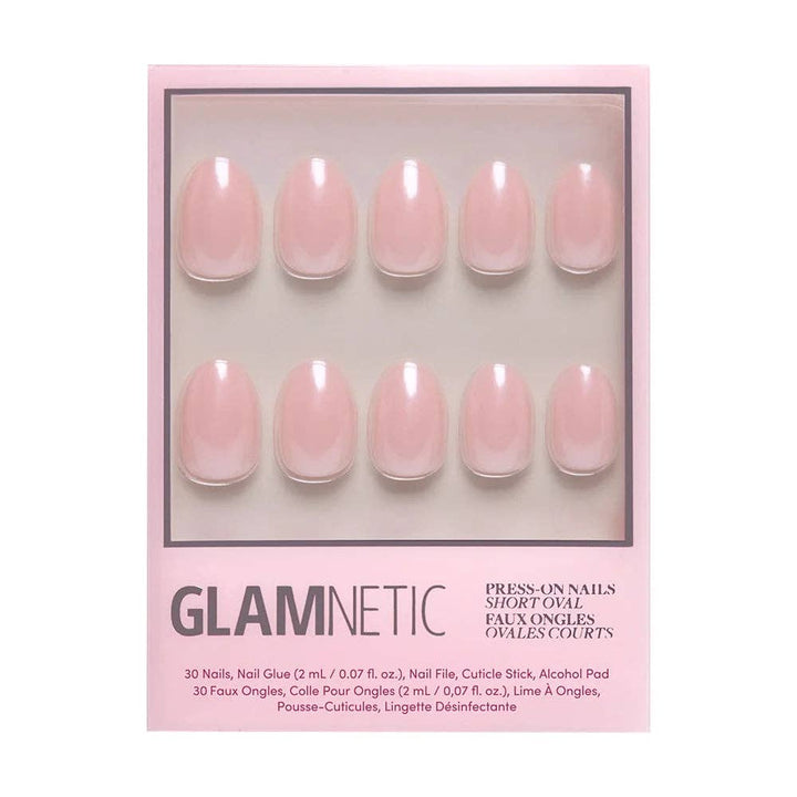 Front view of Glamnetic blush pink short oval press-on nails packaging showing 10 nails in window box with product details on white background
