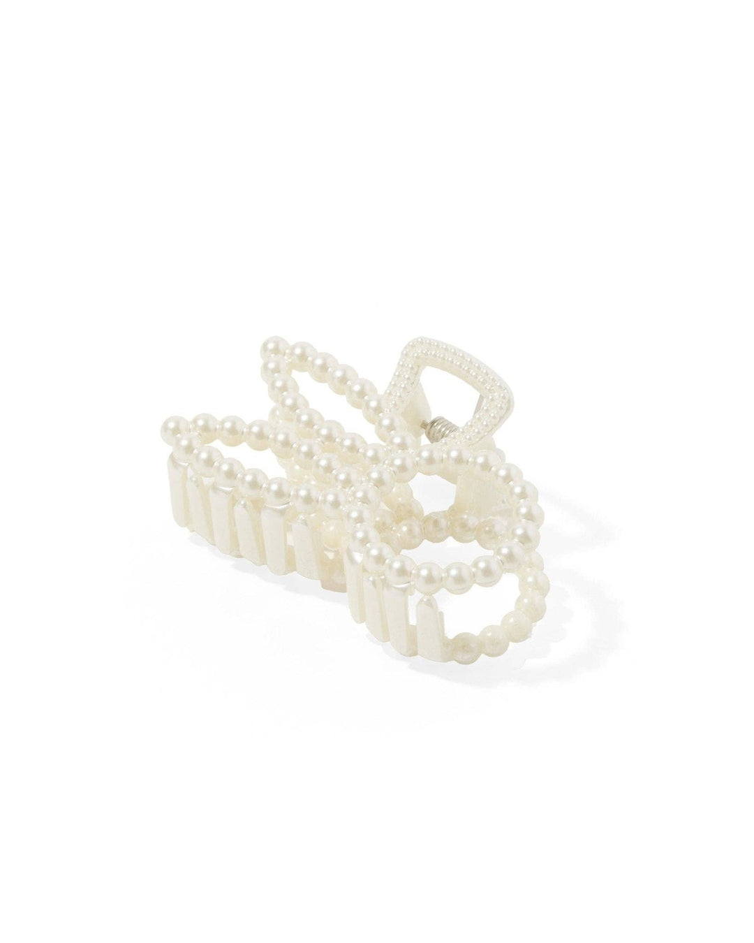 Pearl beaded bunny ear claw clip product shot on white background showing open claw mechanism and bunny ear silhouette.