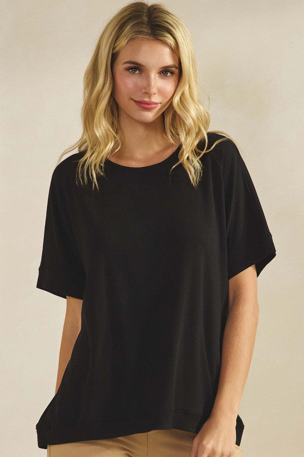 Everyday Soft Ribbed Loose Fit Short Sleeve Top - Black by Yelete