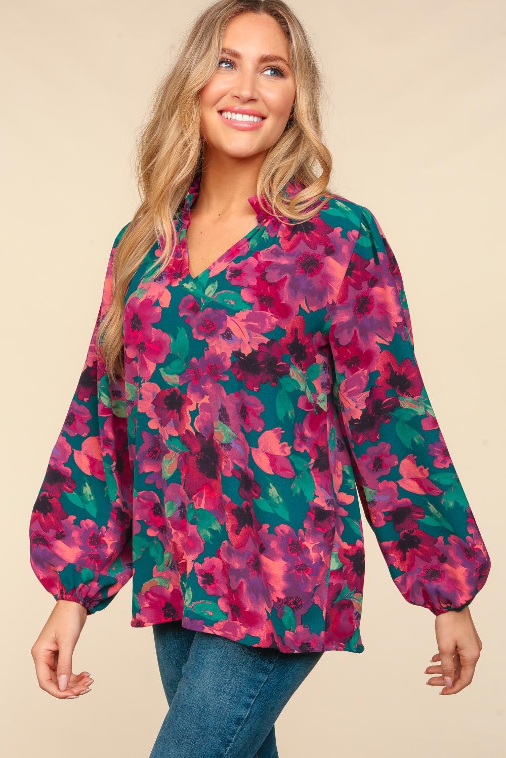 Watercolor Floral Bubble Sleeve Top