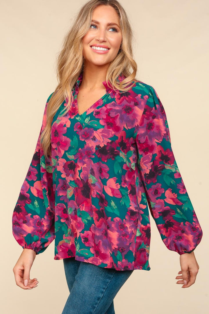 Watercolor Floral Bubble Sleeve Top