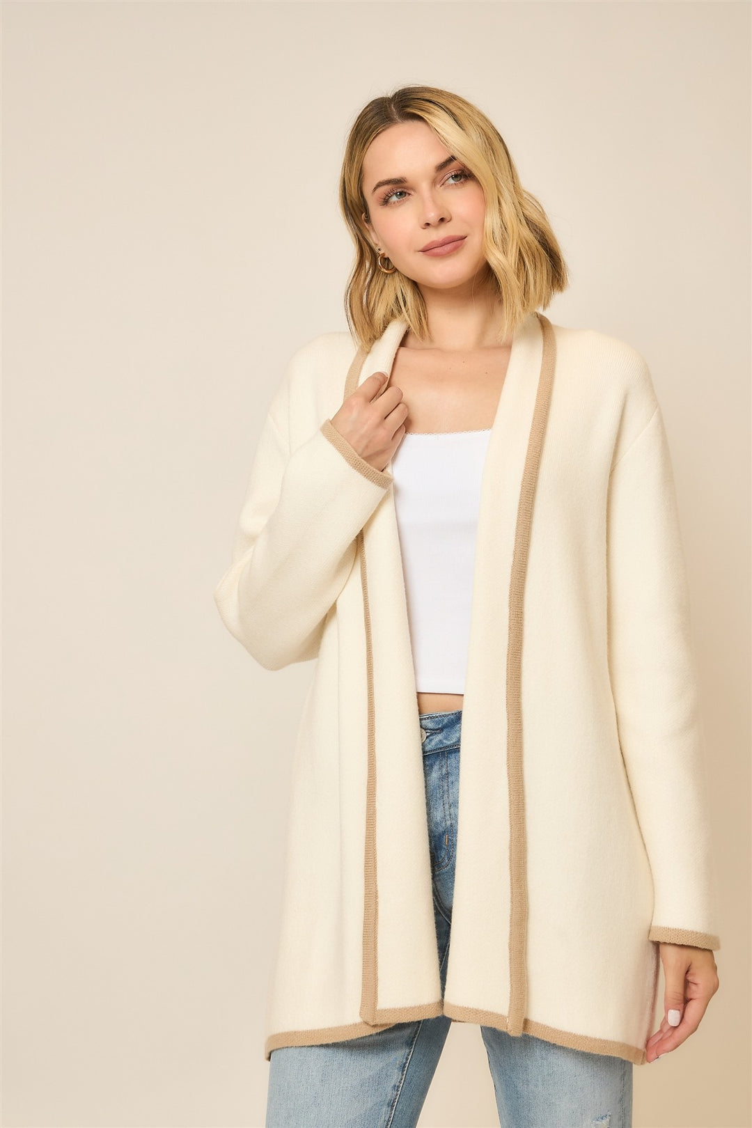 Contrast Hem Stripe Heavy Knit Cardigan - Cream/Taupe by Cozy Co