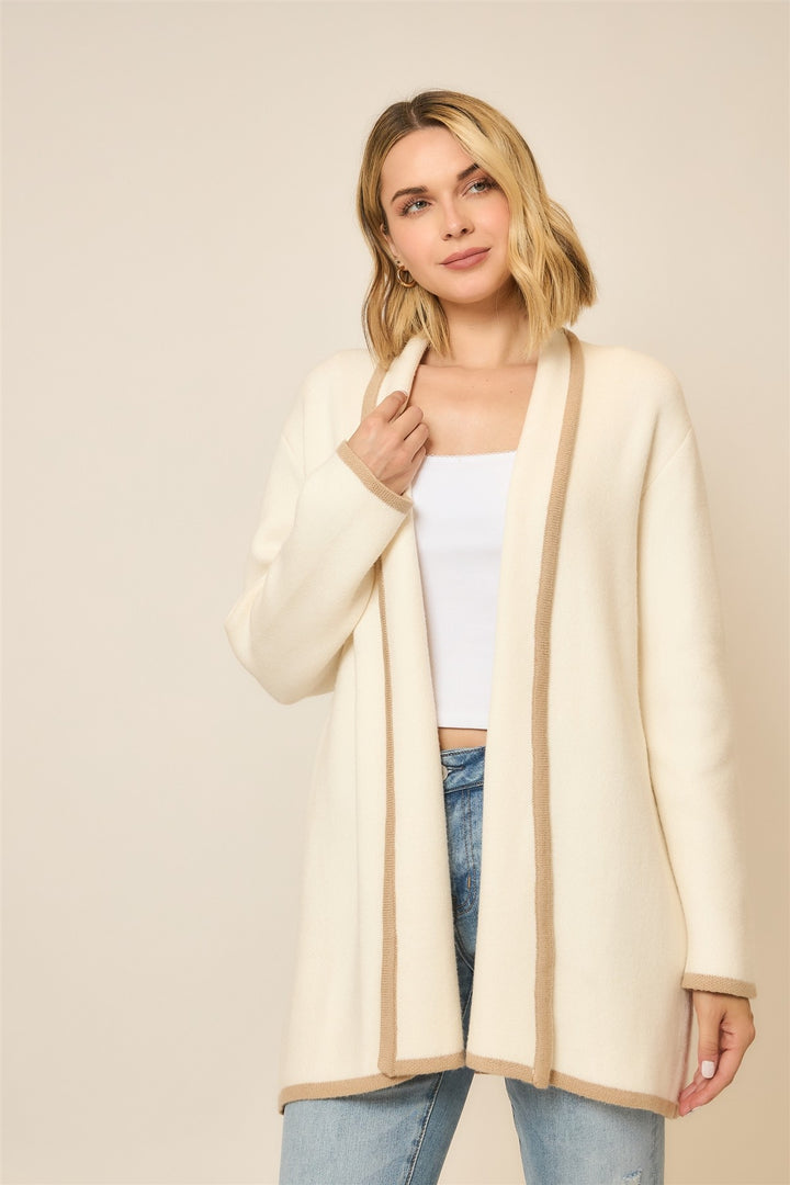 Contrast Hem Stripe Heavy Knit Cardigan - Cream/Taupe by Cozy Co