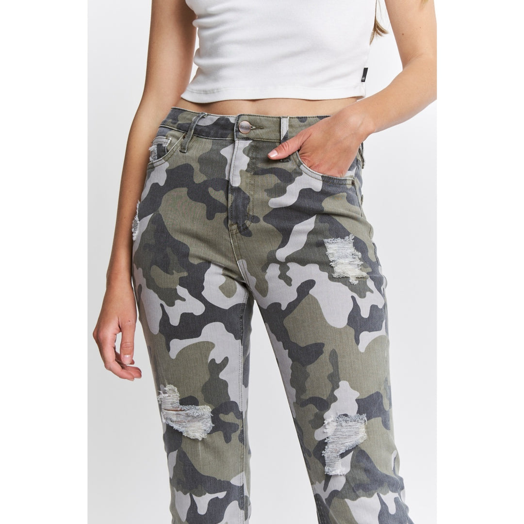 Camo Print High Rise Straight Crop Pants By Mica Denim