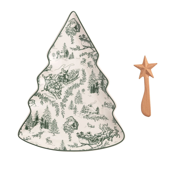Green Toile Christmas Tree Platter Set by Mud Pie