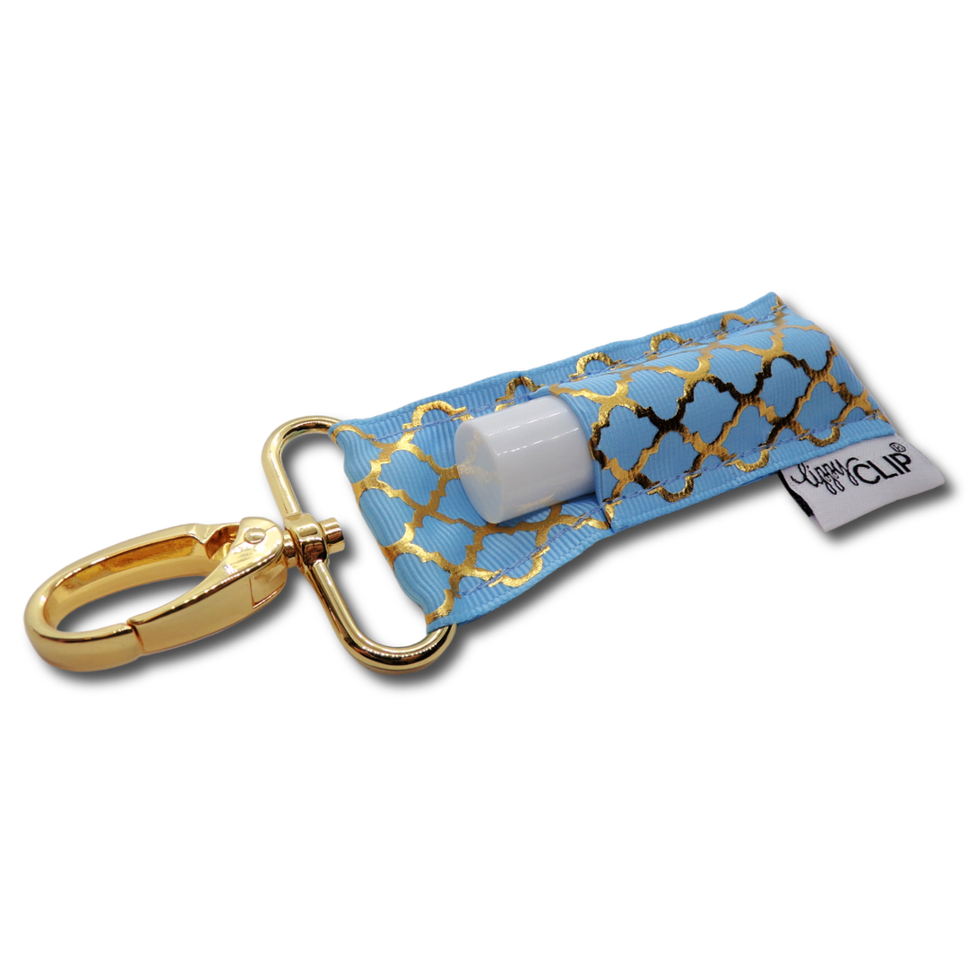 Gold Quatrefoil on Blue LippyClip® Lip Balm Holder (PREORDER: Ships in 2-3 Weeks)