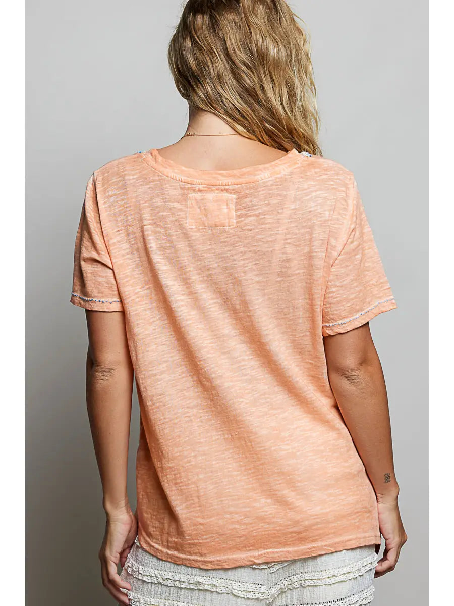 Stitched-Detail V-Neck Tee - Coral Peach by POL