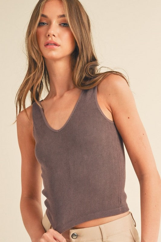 Seamless Reversible Stonewashed Ribbed Tank Top - Brown by Yelete