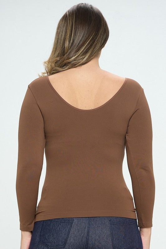 Seamless Reversible V-Neck Long Sleeve Top - Coffee by Yelete