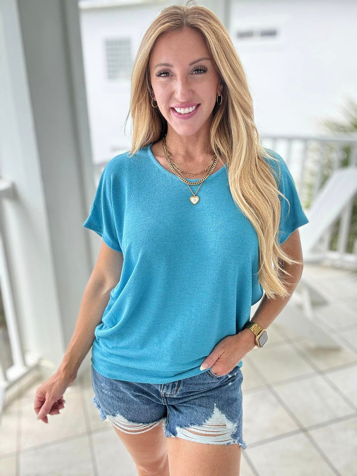 Short Sleeve Dolman Top in Turquoise