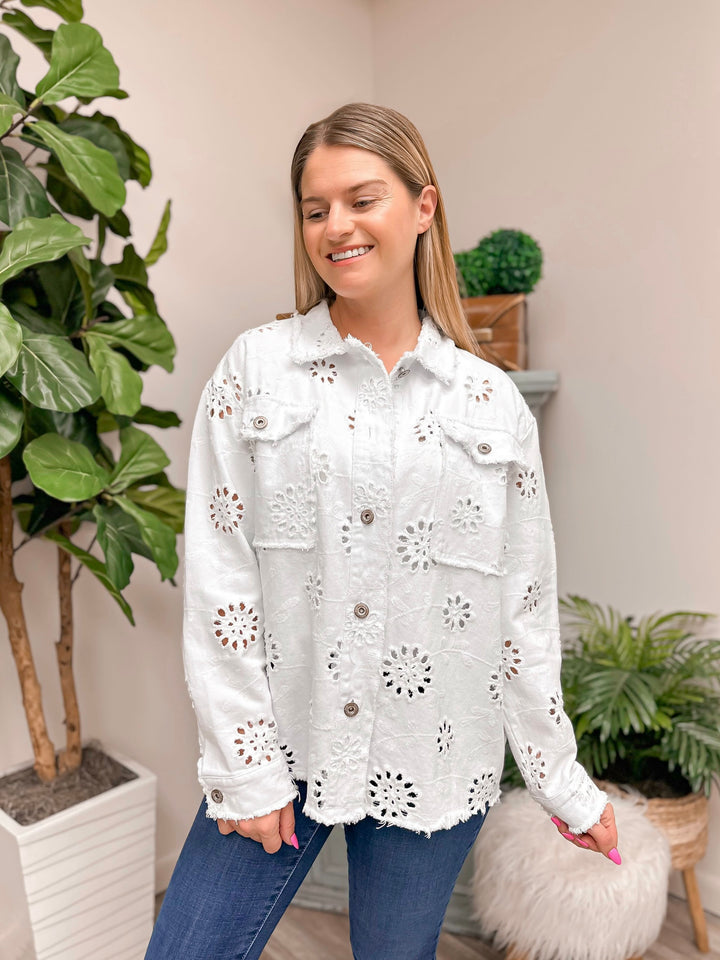 Eyelet Embroidered Denim Jacket - Off White by Sew In Love