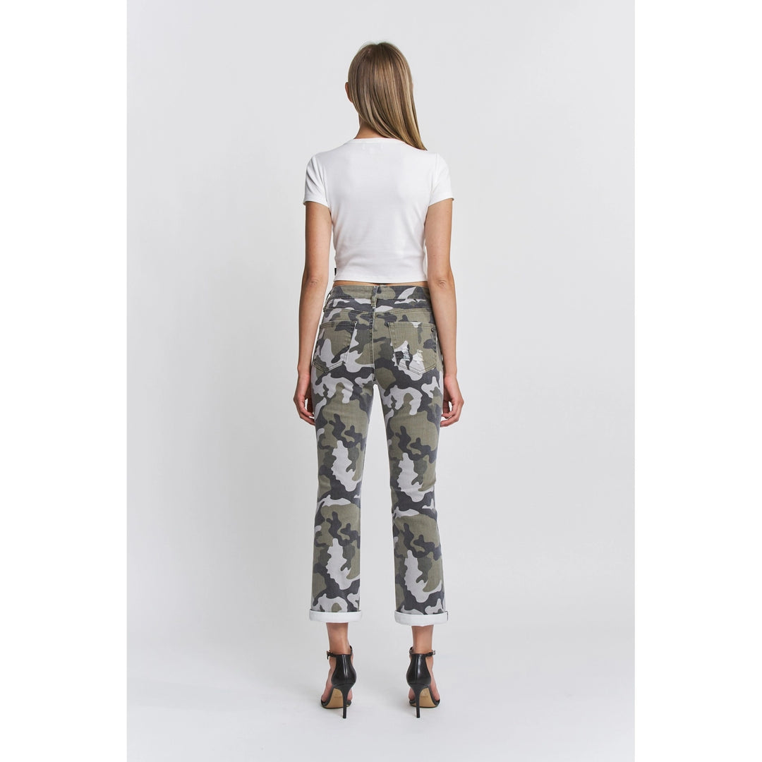 Camo Print High Rise Straight Crop Pants By Mica Denim