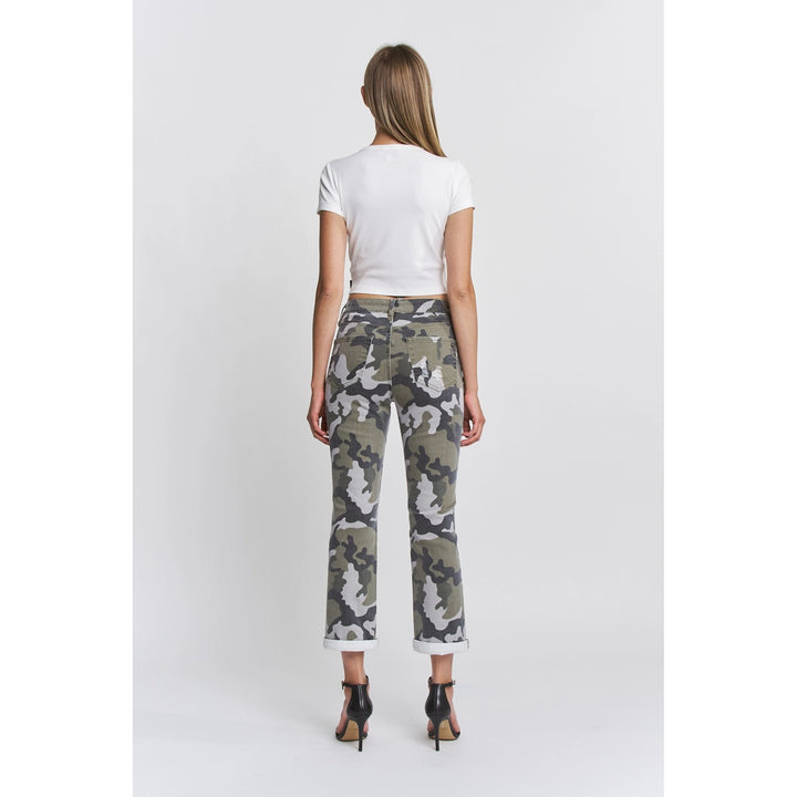 Camo Print High Rise Straight Crop Pants By Mica Denim