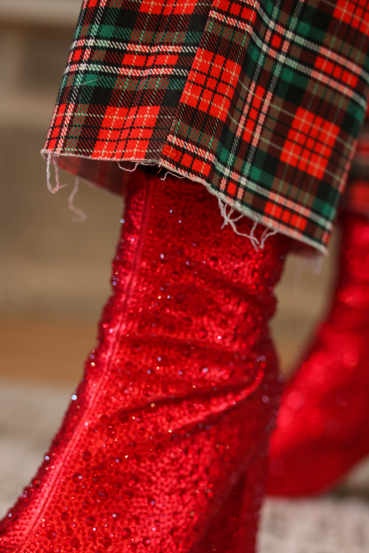 Just Vibing Denim Pants- Red Christmas Plaid by Jess Lea (PREORDER: Ships in October)