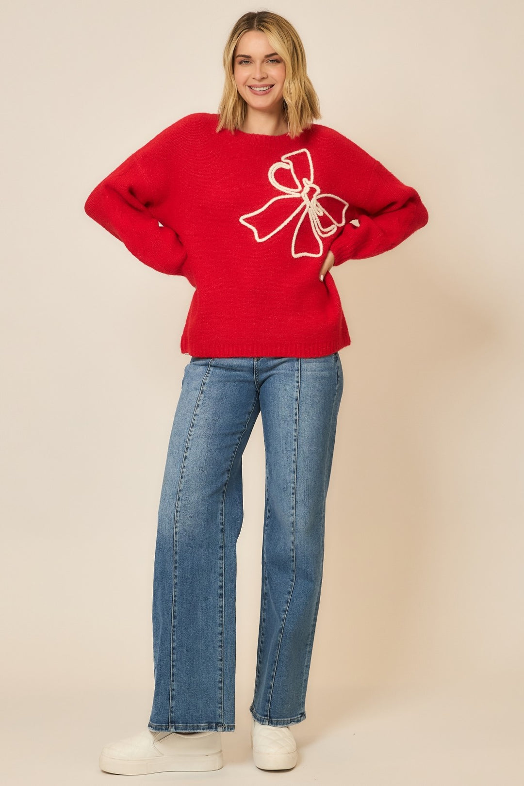 Brushed Embroidered Bow Sweater - Red by Cozy Co