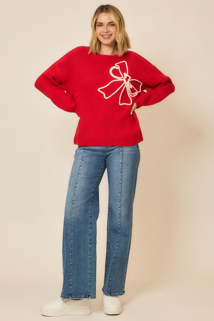 Brushed Embroidered Bow Sweater - Red by Cozy Co