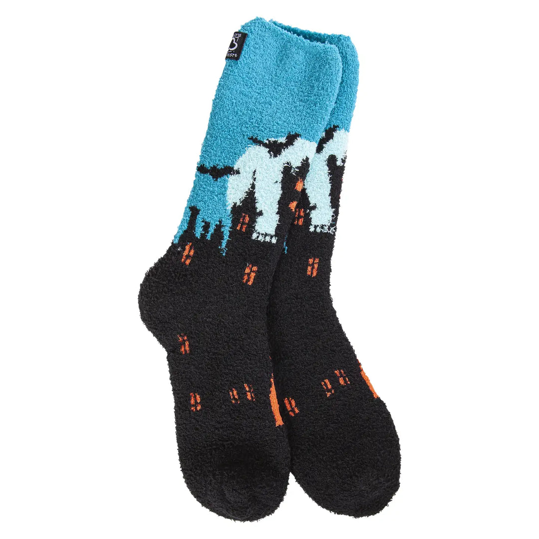 Blue Haunted House Halloween Cozy Crew Socks by World's Softest Socks